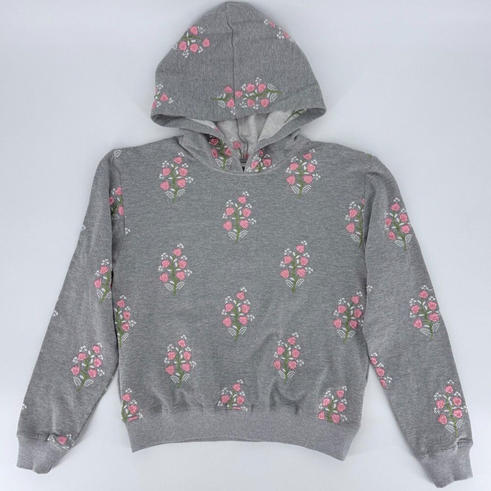 Maia Bergman Floral Hoodie Gray Cotton Cottagecore Sweatshirt Size S